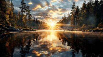 The sun rising over a forest lake photo