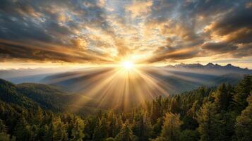 Sunrise over mountains and forest photo