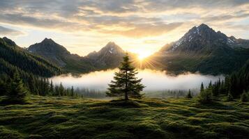 A tree stands in the middle of a field with the sun rising over the mountains photo
