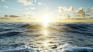 The sun is shining over the ocean in this photo