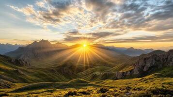 The sun shines brightly over a mountain range photo