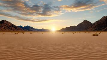 Desert landscape with mountains and sand dunes at sunset photo