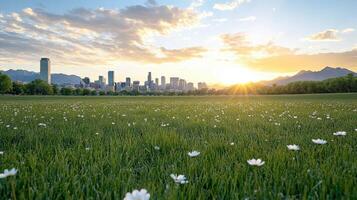 A field of white flowers in front of a city skyline photo