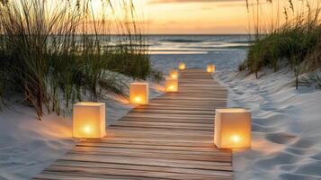 A wooden walkway with candles on it leading to the beach photo