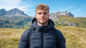 A man in a jacket standing on a mountain photo