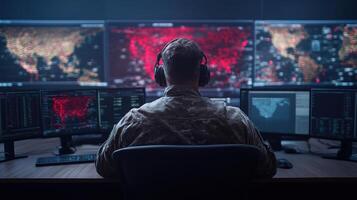A soldier sitting at a desk with multiple monitors photo
