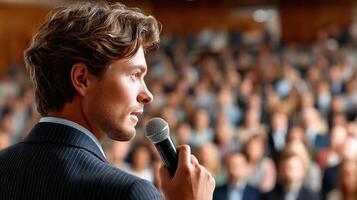 A man in a suit is holding a microphone in front of a crowd photo