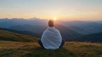 A woman sitting on a hill overlooking the mountains at sunset photo