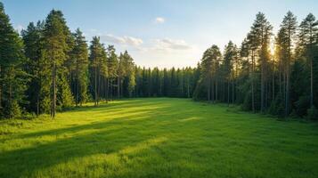 Green grass and trees in the forest at sunset photo