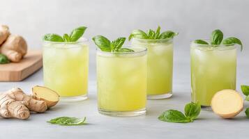 Three glasses of green juice with fresh mint leaves photo