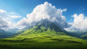 A beautiful mountain landscape with green grass and clouds photo