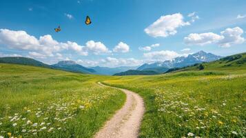 un suciedad la carretera Guías mediante un prado con flores silvestres y mariposas foto