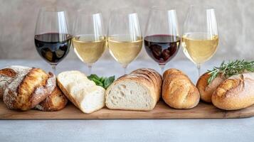 Wine glasses and bread with wine photo