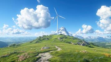 Wind turbine on a mountain with flowers and grass photo