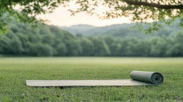 A yoga mat on the grass in front of trees photo