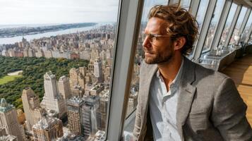 A man in a suit looking out over a city photo