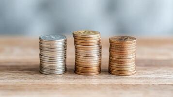 Three stacks of coins on a wooden table photo
