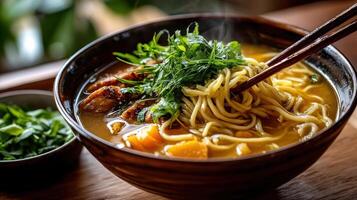Japanese ramen with pork and vegetables photo