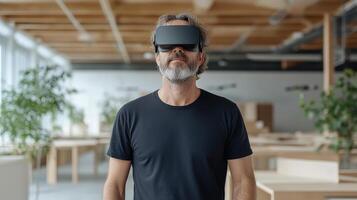 A man wearing a virtual reality headset in an office photo