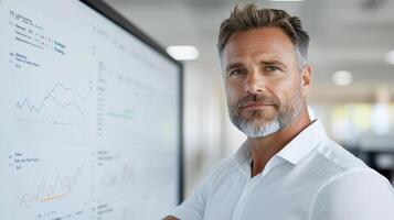 A man in a white shirt standing in front of a white board photo