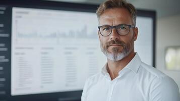 A man in glasses standing in front of a computer screen photo