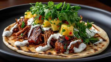 A plate with a pulled pork sandwich on it photo