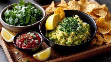 Guacamole with chips and salsa on a wooden tray photo