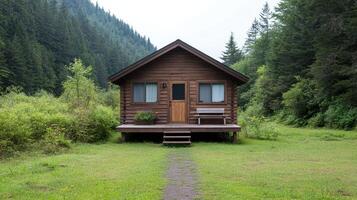 A small wooden cabin sitting in the middle of a field photo