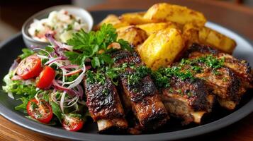 A plate with ribs, potatoes and salad on it photo