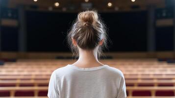 Back view of a young woman standing in front of empty auditorium photo