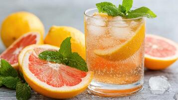 A glass of grapefruit juice with mint leaves photo