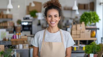 A smiling woman in an apron standing in front of a store photo