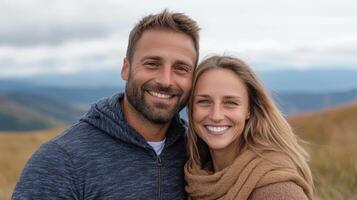 A man and woman are smiling in front of a mountain photo
