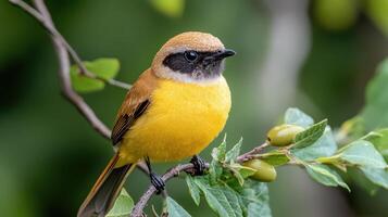 A yellow bird sitting on a branch with leaves photo