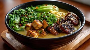 A bowl of ramen with meat and vegetables photo