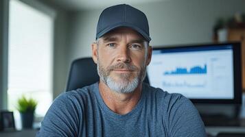 A man in a gray shirt and cap sitting at a desk photo