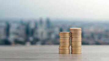 Stack of coins on table with cityscape in background photo