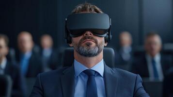 A man in a suit and tie wearing a virtual reality headset photo