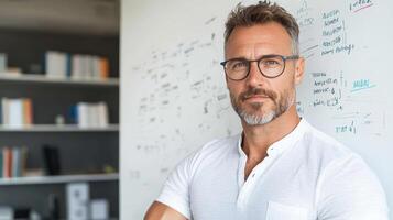 A man with glasses and a white shirt standing in front of a whiteboard photo