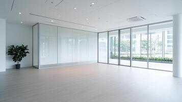 Empty room with large glass doors and floor to ceiling windows photo