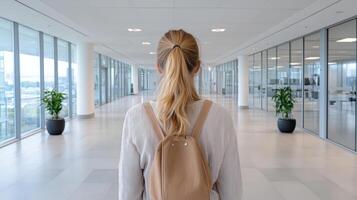 Back view of a young woman with a backpack walking in an office building photo
