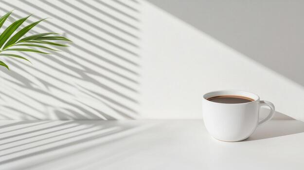 Coffee cup on white table with shadow of palm tree photo