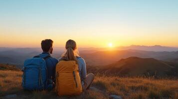 Couple with backpacks sitting on top of mountain at sunset photo