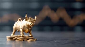 Gold bull on top of coins with stock market graph background photo