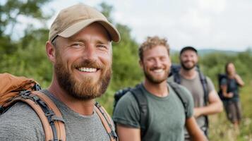 Three men with backpacks smiling in the woods photo