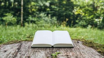 Open book on stump in the forest photo