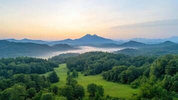 A beautiful view of a mountain range with trees and grass photo