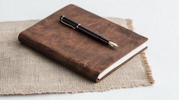 A leather journal with a fountain pen on top of a burlap cloth photo