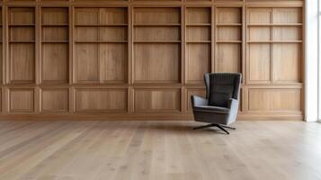 A chair in front of a wooden wall with bookshelves photo
