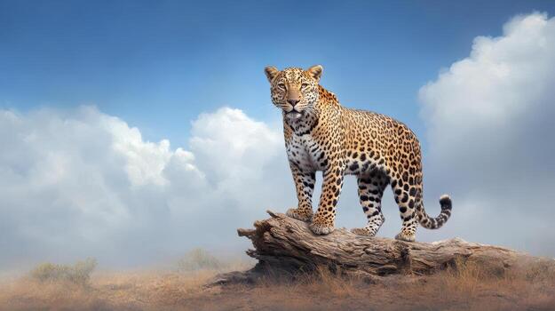 A leopard standing on top of a tree trunk photo